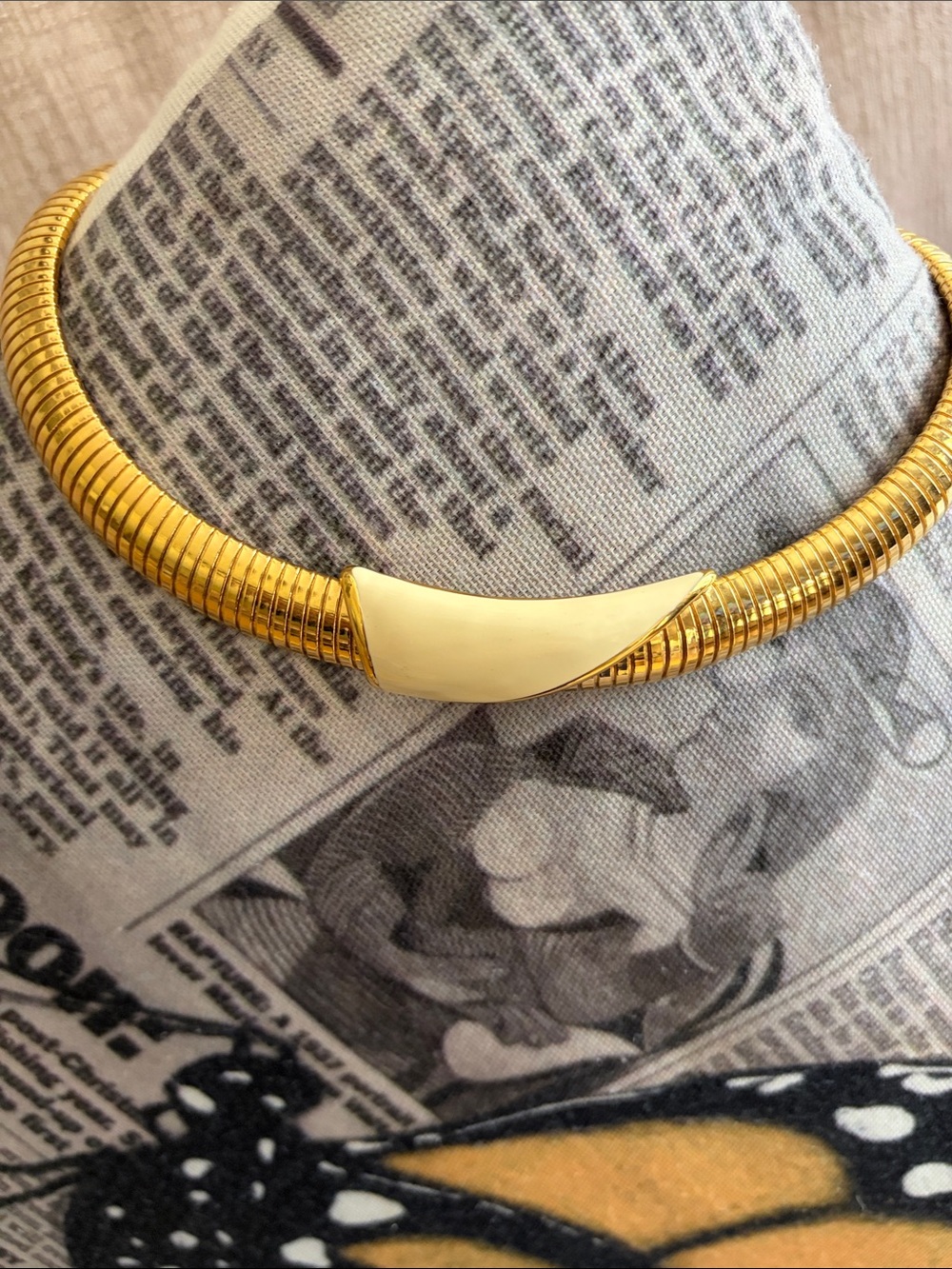 Monet Gold Tone Omega Chain Cream Enamel 1980s Vintage Costume Jewelry